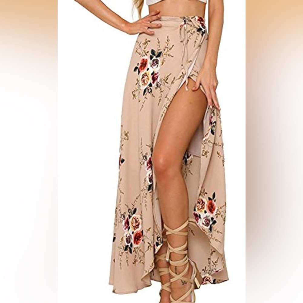 Women's Beige Floral High-Slit Maxi Skirt